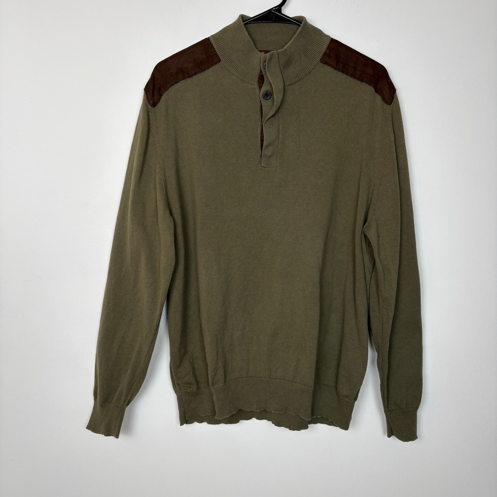 John Bartlett Men Henley Sweater Large Olive Green Elbow Patches Academia Preppy